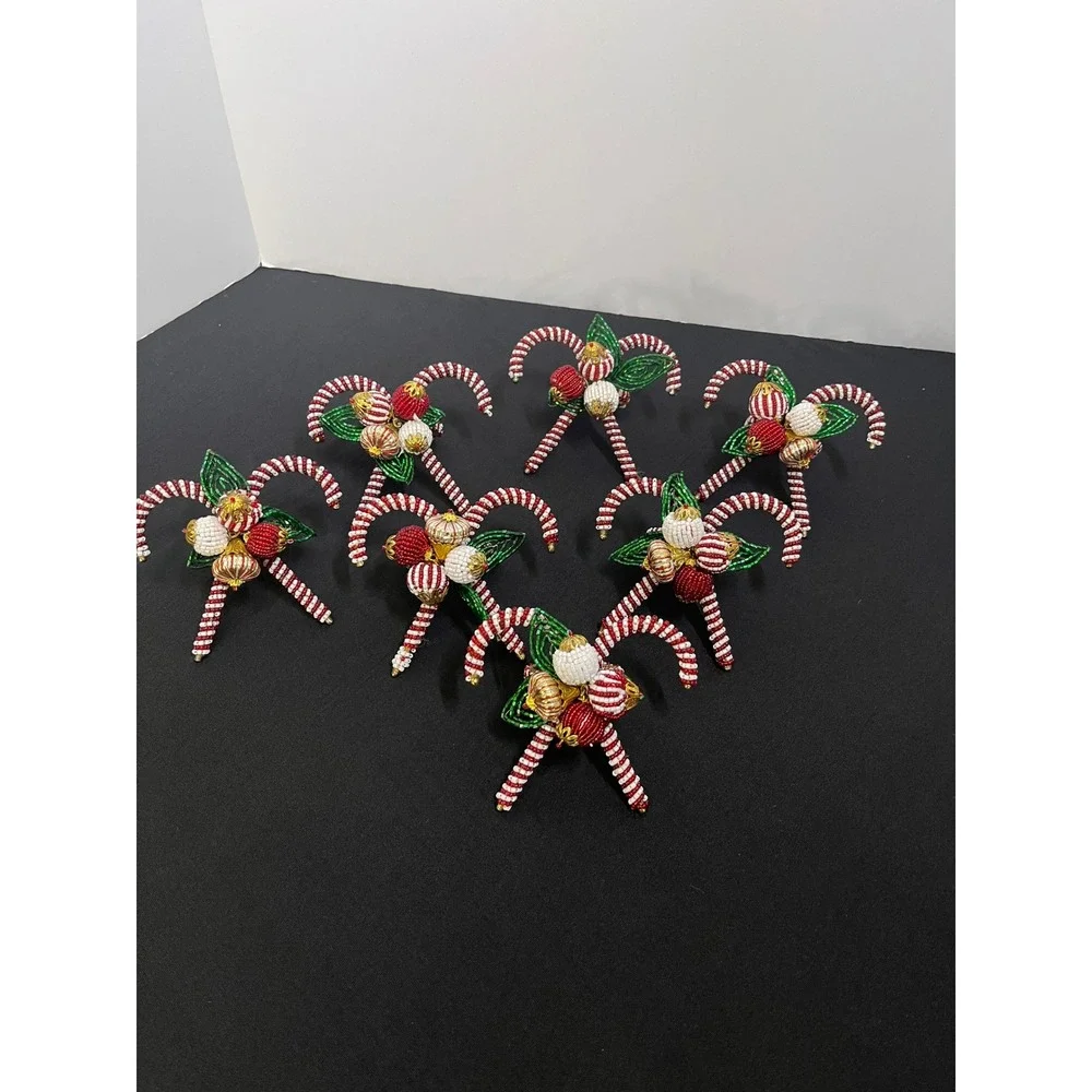 Vintage Christmas Beaded Candy Cane Napkin Rings Set of 6 Red White Green Holly